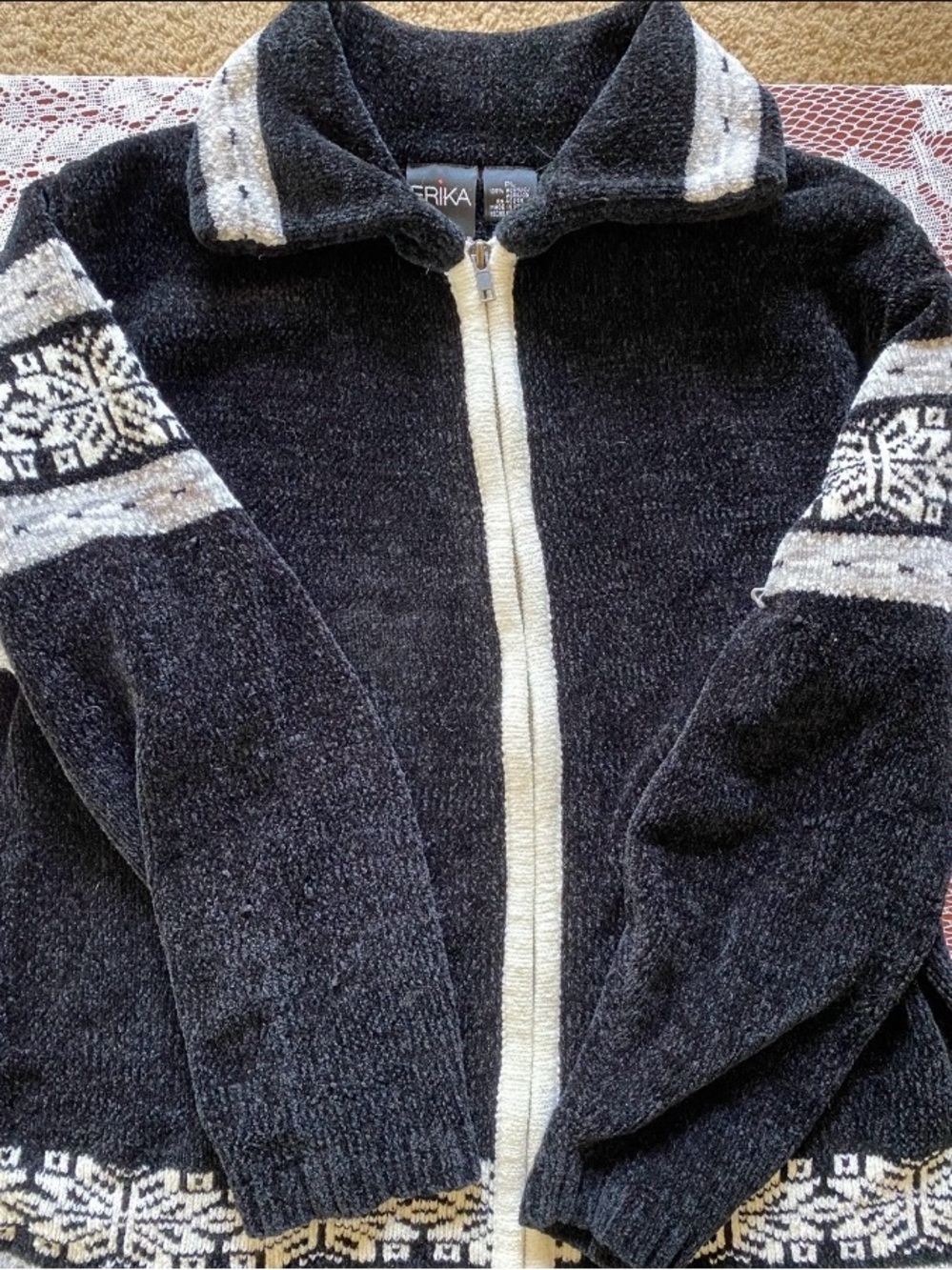 Erika Black & Cream Fair Isle Zip Front Sweater Jacket